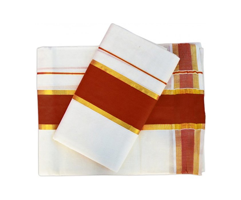 Traditional Kerala Kasavu Setu Mundu Maroon Border Women Occasional Wear